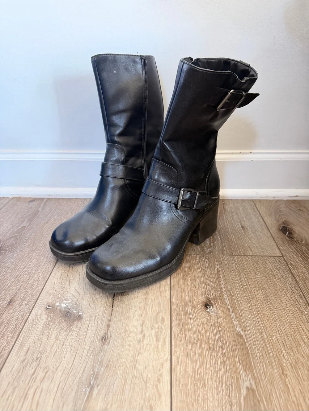 Kenneth Cole Reaction Black Leather Mid-Calf Block Heel Boots - Picture 1 of 4